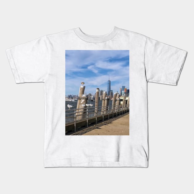 Seagulls Liberty Island Manhattan Skyline New York City Kids T-Shirt by eleonoraingrid